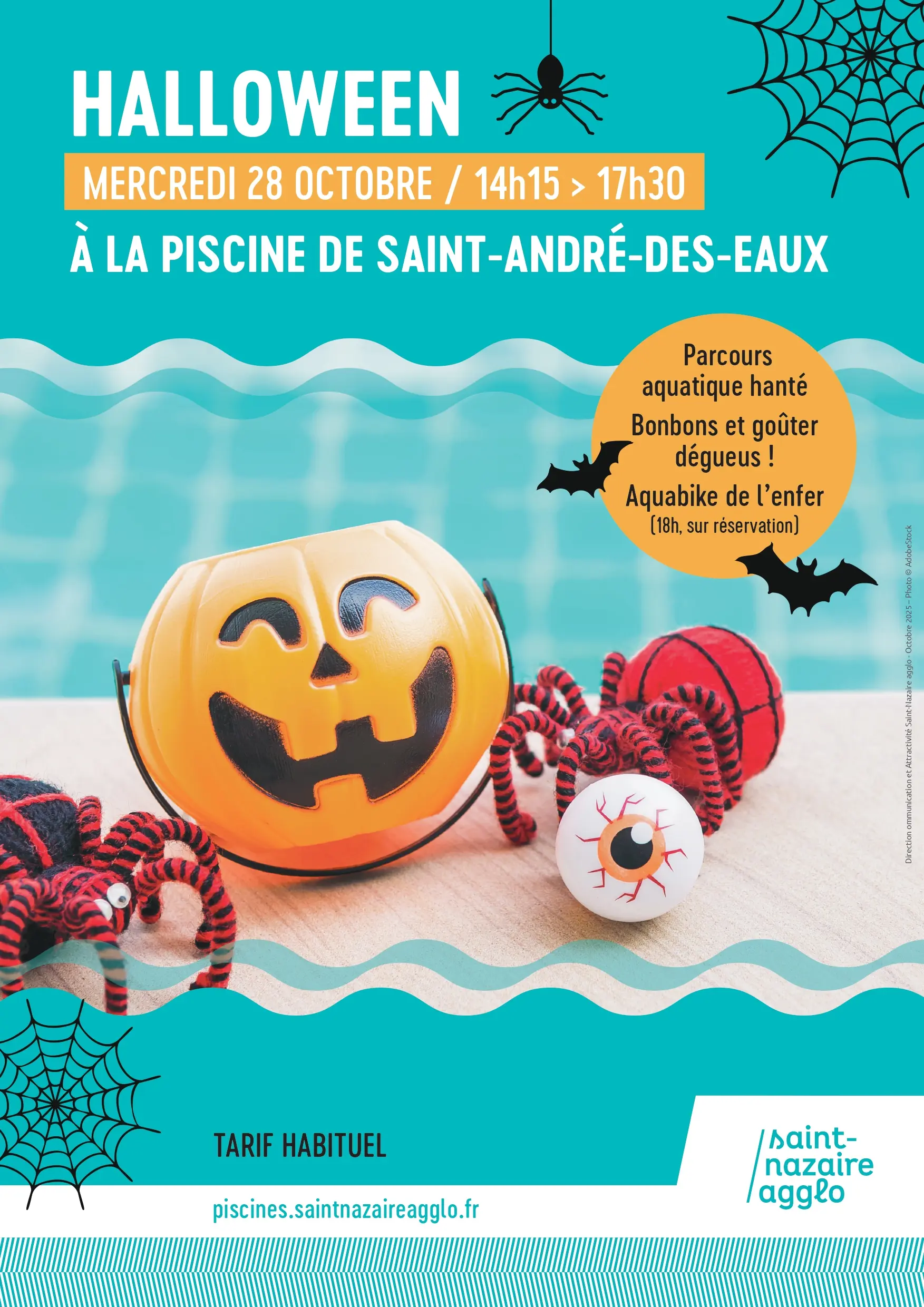 Halloween Mercredi 28 octobre de 14h15 à 17h30 à la piscine de Saint André des eaux, parcours aquatique hanté, bonbons et goûter dégeus, Aquabike de l'enfer à 18h00 sur réservation, Tarif Habituel
