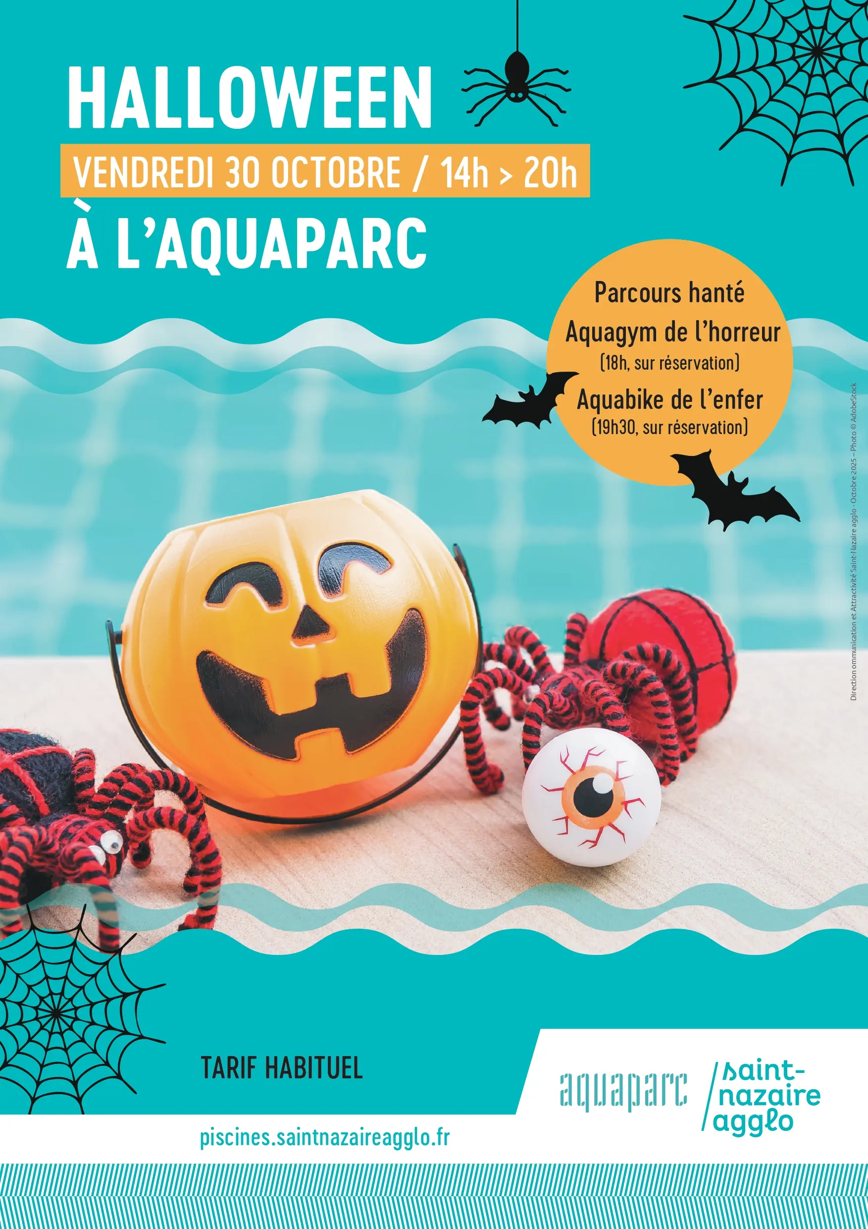 Halloween vendredi 30 octobre de 14h00 à 20h00 à Aquaparc, parcours hanté, aquagym de l'horreur à 18h00 sur réservation, Aquabike de l'enfer à 19h30 sur réservation, tarif habituel
